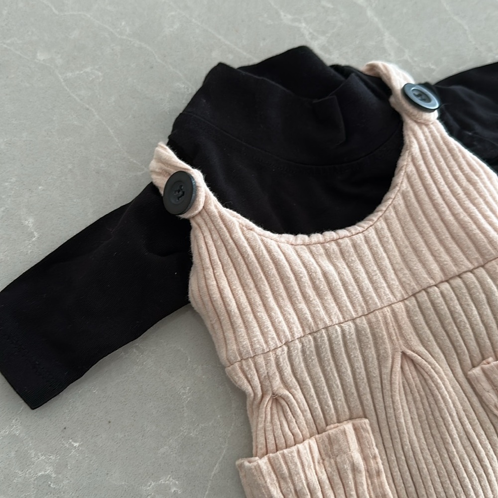 Moinoi Pink Ribbed Baby Overalls with Black Long Sleeve